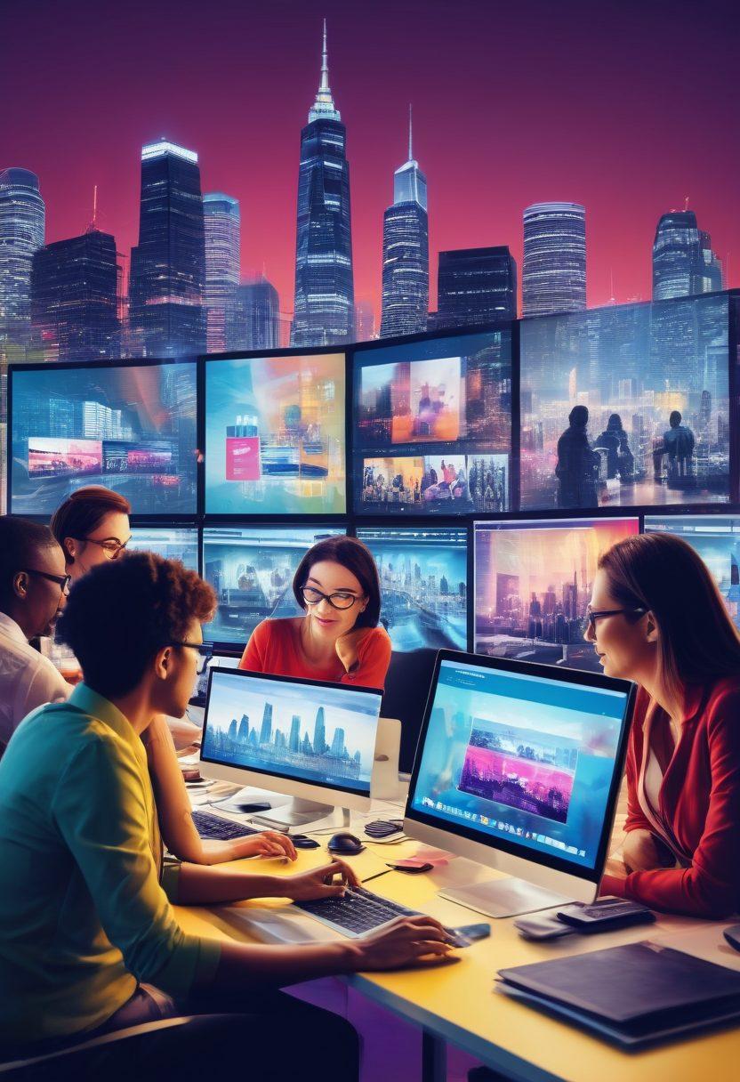 A dynamic scene depicting a diverse group of adult video bloggers engaging in a collaborative brainstorming session in a modern digital workspace, surrounded by laptops, cameras, and vibrant posters of online content, with a city skyline in the background, symbolizing the digital landscape. bright colors. contemporary style. high contrast.