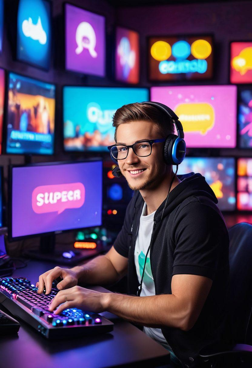A vibrant and lively scene showing a confident adult streamer in a stylish, modern gaming setup surrounded by colorful LED lights, engaging with an enthusiastic online audience through screens filled with emoticons and chat bubbles. Include fun elements like playful graphics and props, hinting at adult entertainment, while maintaining an artistic and professional vibe. super-realistic. vibrant colors. 3D.